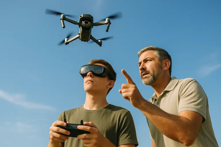 ученик в очках управляет дроном под контролем инструктора